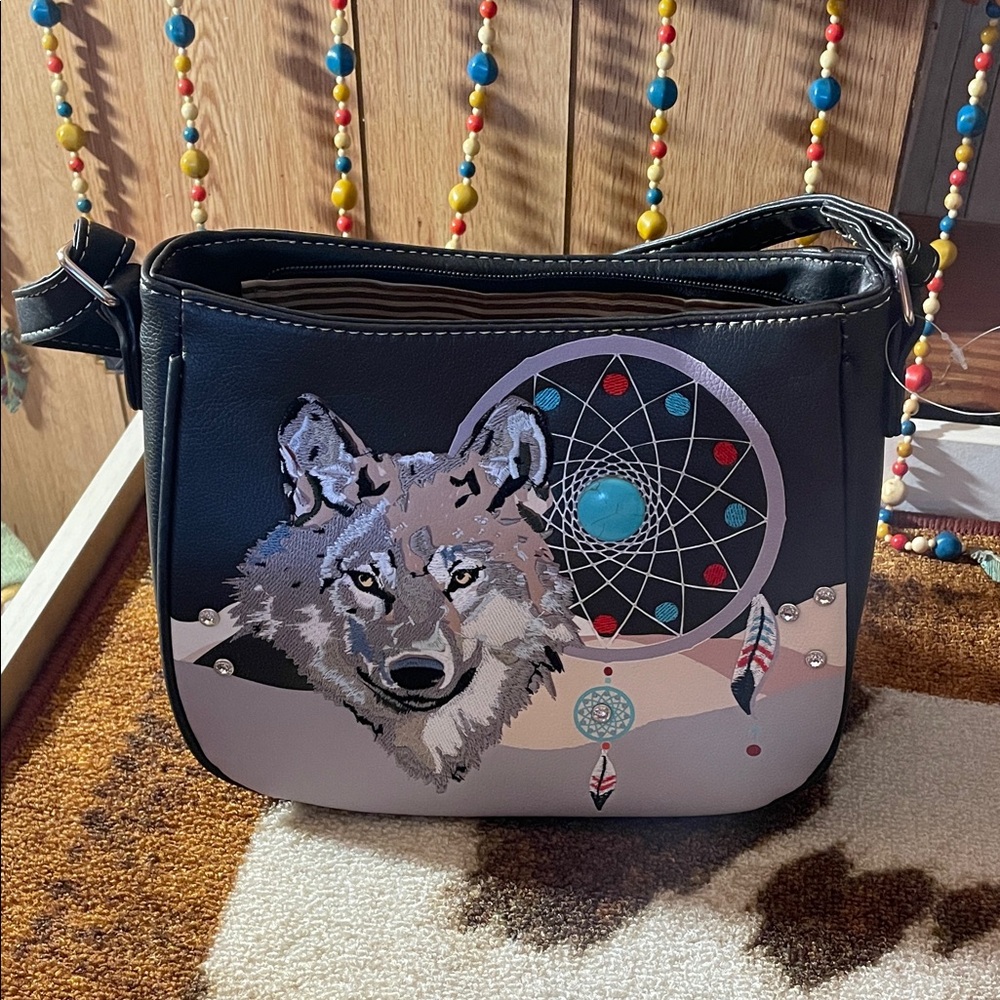 Wolf & Dreamcatcher Pattern Crossbody Bag in Black and Gray